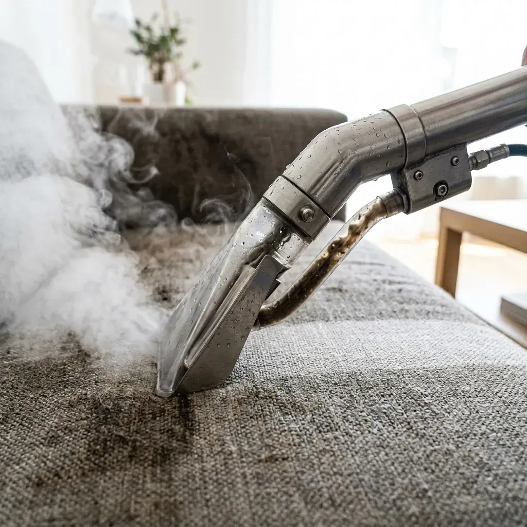 Gros plan sur l'extraction à la vapeur d'un canapé à Laval avec équipement professionnel