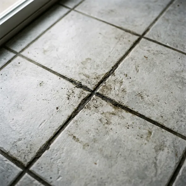 Darkened tile grout lines before steam treatment in Chambly