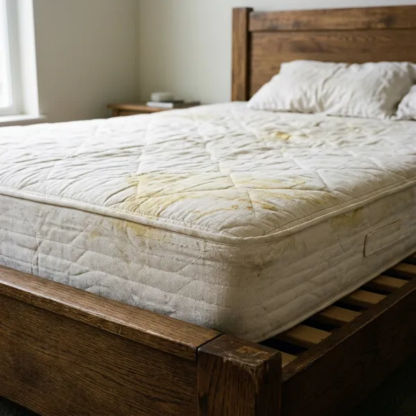Mattress with sweat stains before sanitization in Chambly