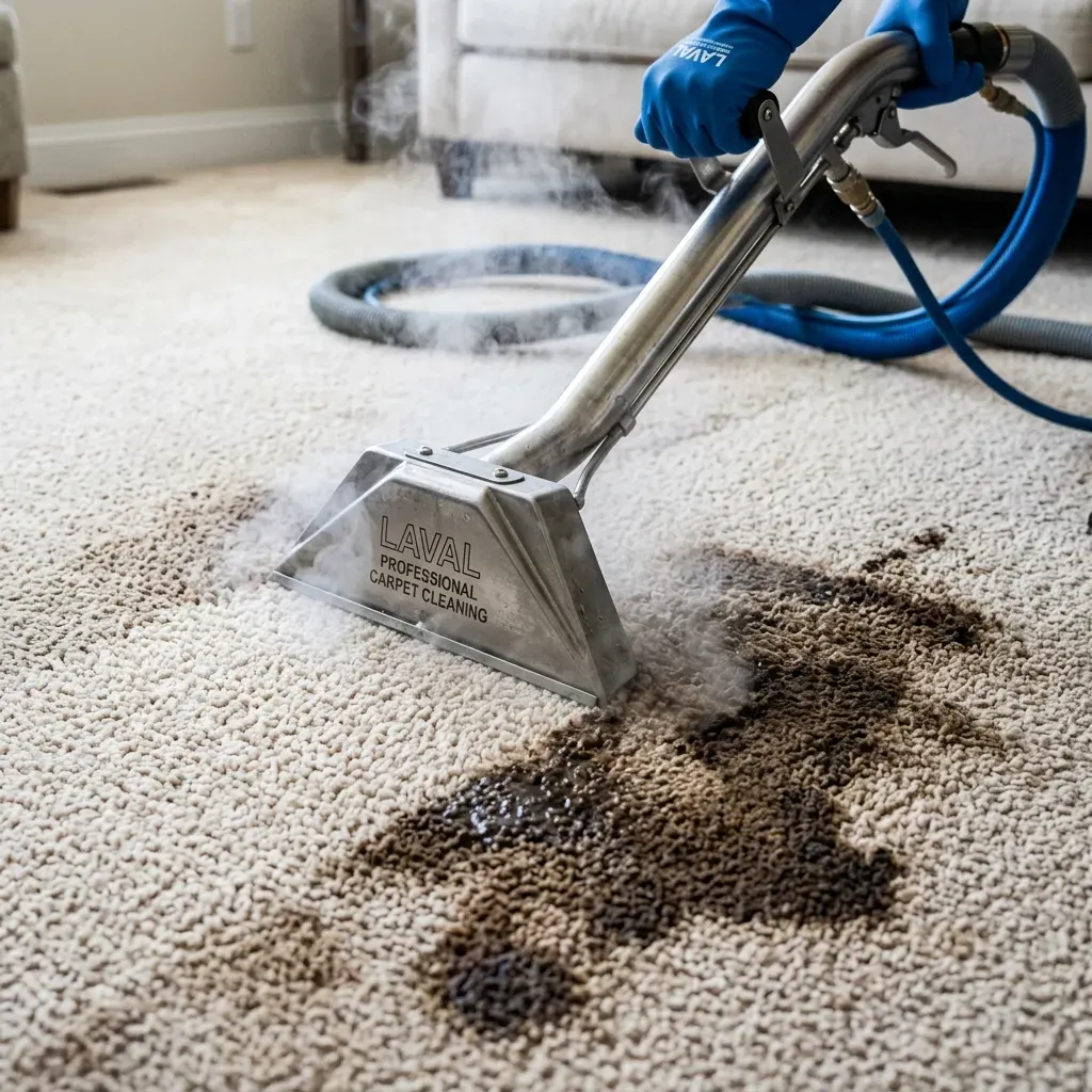 Extraction à la vapeur et élimination de taches sur un tapis beige à Laval