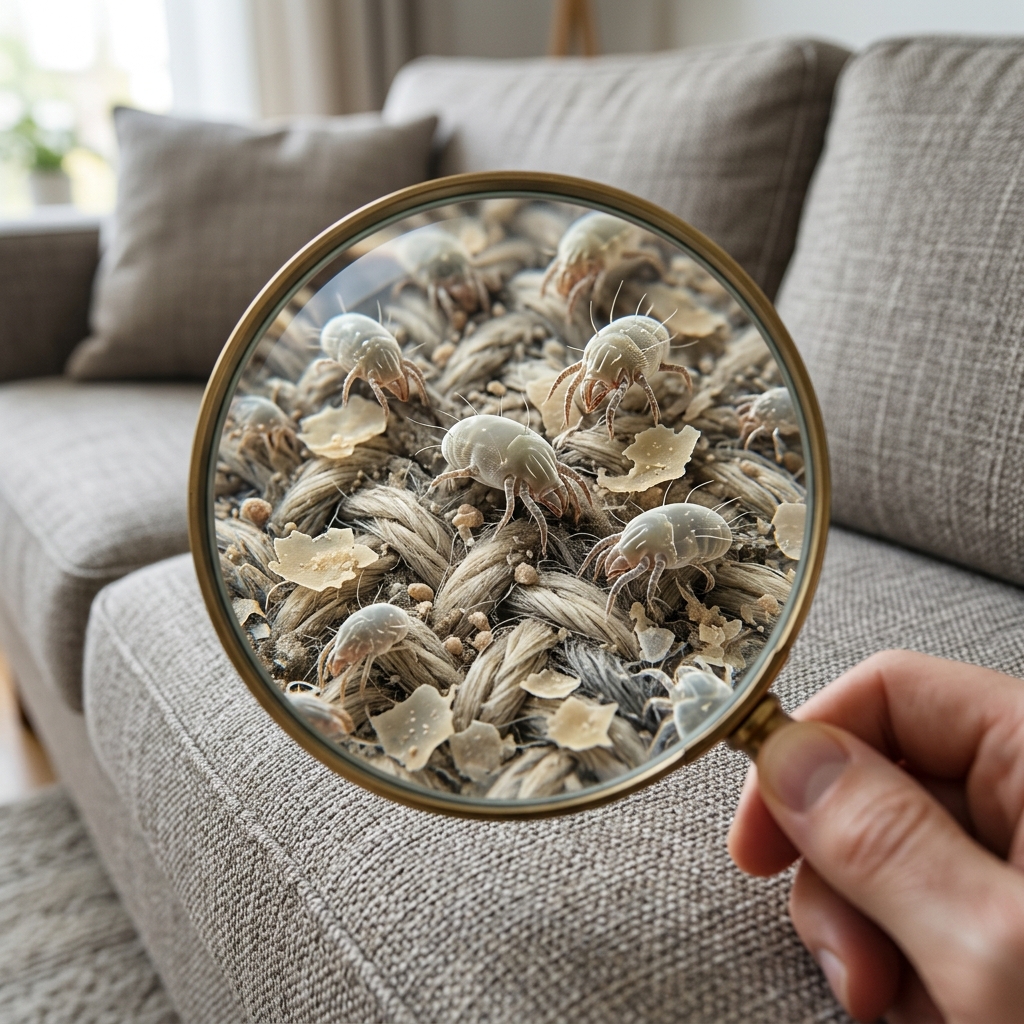 Dust mites and skin cells in furniture